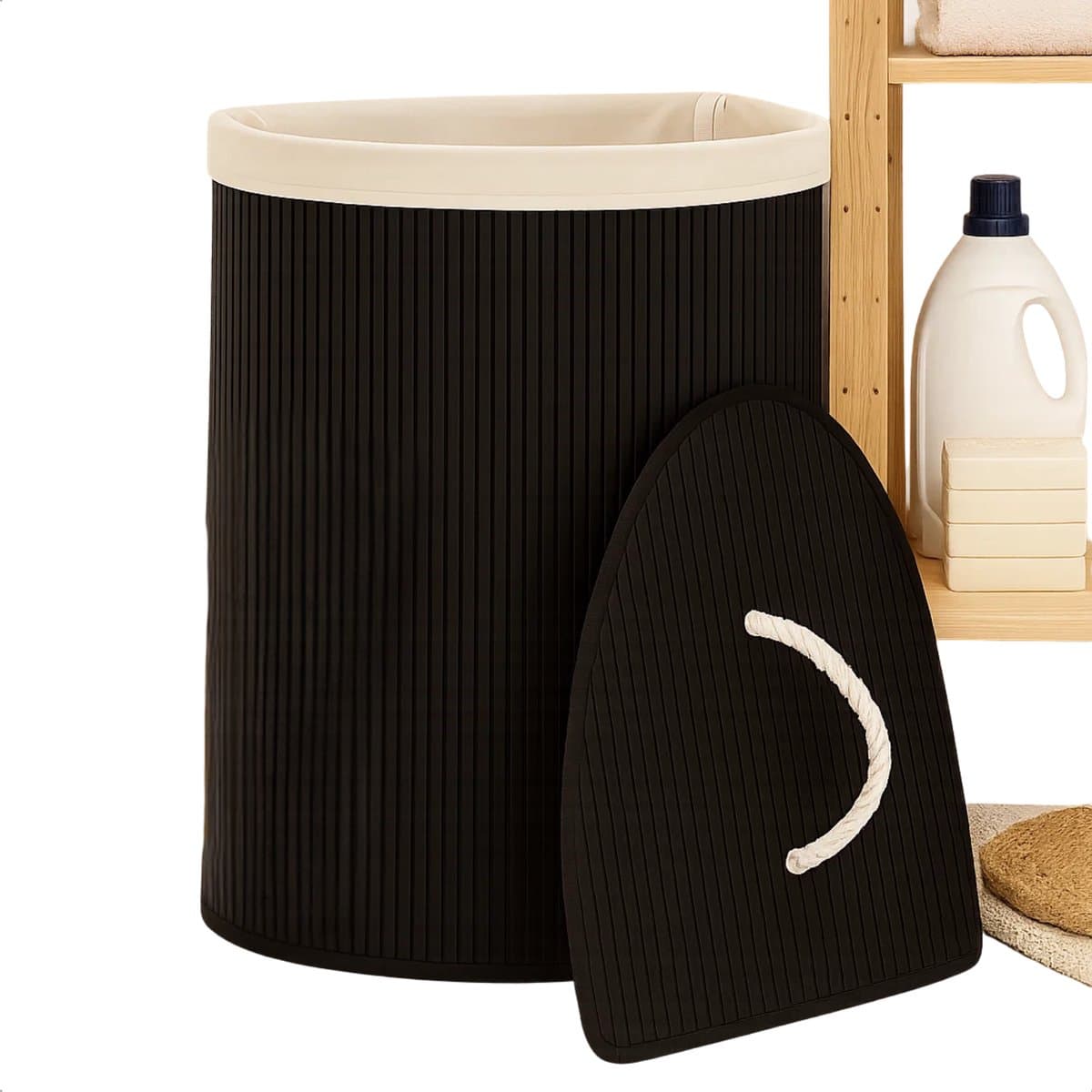 Lomera Bamboe Wasmand - Hoek Model - 72 Liter Capaciteit - Zwart - Opvouwbaar - Wasmand Met Deksel - Afneembaar Deksel - Verstevigde Metalen Ring - Uitneembare Waszak - Wasbare Binnenzak - Polyester Katoen Viscose — afbeelding 1