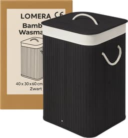 Lomera Bamboe Wasmand - Wasmand Met Deksel - Opvouwbare Wasmand - 72 Liter Capaciteit - Zwart Bamboe - Draaghengsels - Uitneembare Zak - Wasbare Binnenzak - Verstevigde Metalen Ring — thumbnail 2