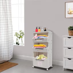 Laundry basket, plastic laundry collector, laundry trolley, laundry organiser, stackable laundry basket with wheels, laundry separator with 3 storage baskets, laundry sorting system, 41.7 x 29.7 x 89 cm — thumbnail 5
