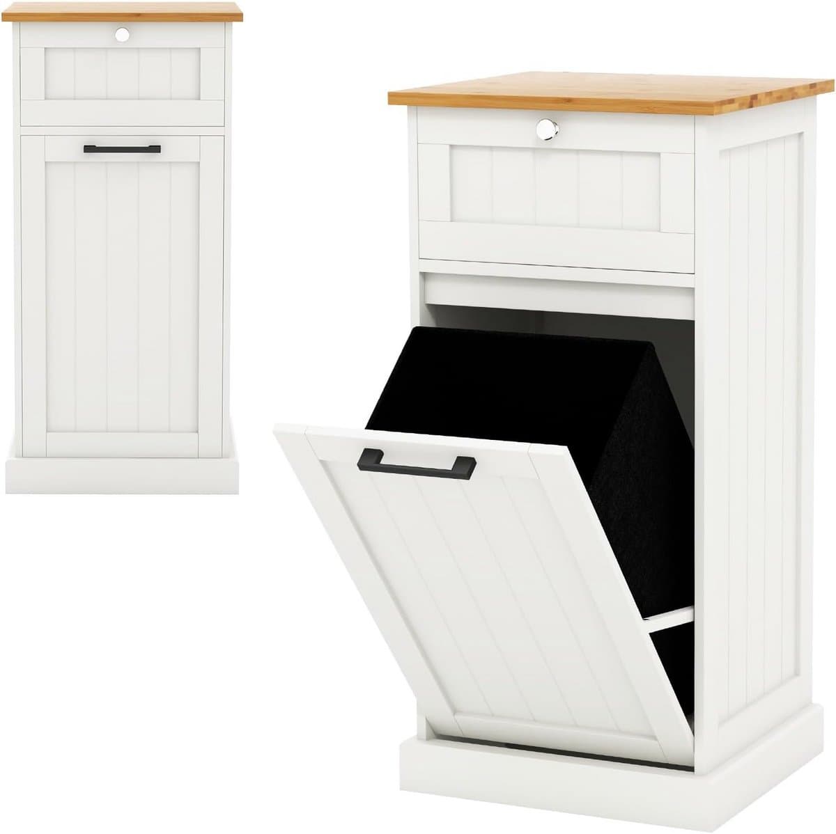 Houten Wasmeubel met Losse Wasmand en Lade voor Badkamer - Wit 40x37x82 cm — afbeelding 1