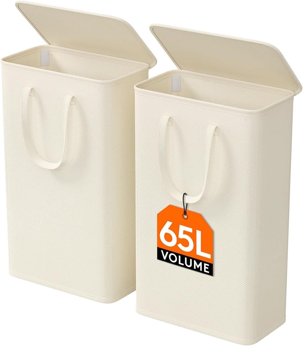 Set van 2 Slanke Wasmanden van 65 Liter – Opvouwbare Smalle Wasmand met Deksel, Verstevigde Bodem en Verlengde Handvatten – Ruimtebesparende Kledingopberger voor Slaapkamer, Badkamer en Wasruimte – Wit — afbeelding 1