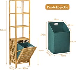 COSTWAY 2 in 1 Badkamerplank & wasmand, hoge kast voor badkamer van bamboe met 3 planken, waskast met uitneembare waszak & handvat, badkamerkast voor badkamer slaapkamer wasruimte, natuur — thumbnail 2
