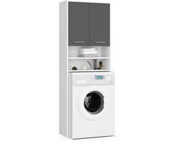 Badkamerkast voor Wasmachine FIN / Hoge Wasmachinekast met 2 Deuren / AKORD Furniture Factory / Wit - Grafietgrijs / 64 x 180 x 30 cm — afbeelding 1