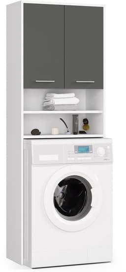 Badkamerkast voor Wasmachine FIN / Hoge Wasmachinekast met 2 Deuren / AKORD Furniture Factory / Wit - Grafietgrijs / 64 x 180 x 30 cm — thumbnail 1