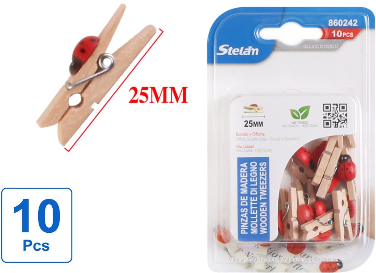 Decopatent - 10 Stuks Mini Fotoknijpertjes - Met Liefheerstbeestje decoratie - 25mm Lang - Kaartknijpertjes - Kleine mini wasknijpers - Hout - Kaarten Kerstkaart knijpers - Houten clips voor fotos — afbeelding 1