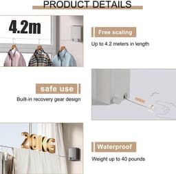 4.2m Non-Sagging Clothes Drying Line with Retractable Stainless Steel Rope Cord for Hanging Drying Laundry - Clothesline — thumbnail 5