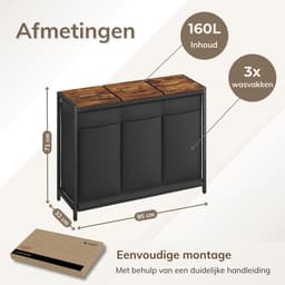 ACAZA Wasmand - Wasmand Met Deksel - 3 Vakken - 160 L - 95 x 33 x 71cm - Vintage Bruin en Zwart — thumbnail 2