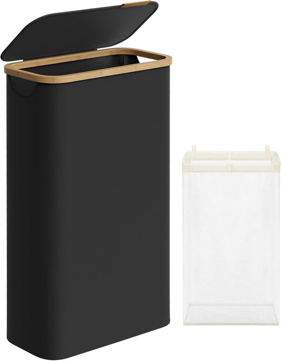 SONGMICS Wasmand met deksel, 65 L – ruimtebesparend, uitneembare waszak, Oxford stof, bamboe handgrepen, opvouwbaar, 42 × 22,5 × 70,5 cm, inktzwart, model LCB506B01 — afbeelding 1