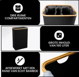 Bayt Wasmand 3 vakken - Wasmand met deksel - Wassorteerder - Opvouwbare Wasmand - 160Liter - Zwart — thumbnail 2