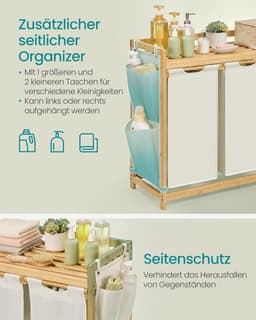 Furnstar wasmand - 4 vakken - Bamboe - Wasverzamelaar 200 l - Wassorteerder met plank -Waszak - Kleine zijzakken -4 x 50 l 1246 x 33 x 78 cm - Cremewit — thumbnail 3