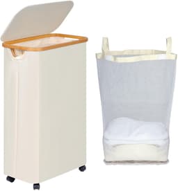 75 Litre Foldable Laundry Basket with Lid - Beige Slim Basket with Wheels, Bamboo Handles and Removable Bag for Bedroom, Bathroom, Kitchen — thumbnail 2