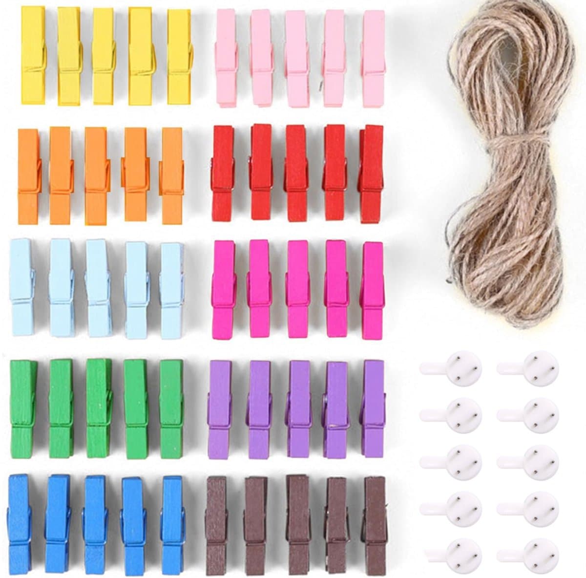 50 Stuks Fotoknijpers - Met 10m Jute String - Mini Knijpers - Kaartknijpers - Foto Knijpers - Knijper Om Foto's Aan Op Te Hangen - Fotohouder - Wasknijpers - Geboorte Wasknijpers - Kleine Houten Mini Knijpers - Voor Fotowand Display Party Decoratie — afbeelding 1