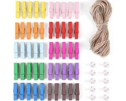 50 Stuks Fotoknijpers - Met 10m Jute String - Mini Knijpers - Kaartknijpers - Foto Knijpers - Knijper Om Foto's Aan Op Te Hangen - Fotohouder - Wasknijpers - Geboorte Wasknijpers - Kleine Houten Mini Knijpers - Voor Fotowand Display Party Decoratie
