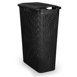 Plasticforte Smalle Wasmand met deksel Rotan - zwart - gevlochten kunststof - 48 liter - 27 x 46 x 60 cm — thumbnail 1
