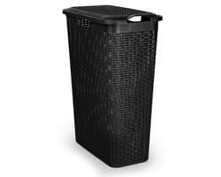 Plasticforte Smalle Wasmand met deksel Rotan - zwart - gevlochten kunststof - 48 liter - 27 x 46 x 60 cm — afbeelding 1