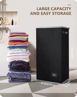 Wasmand Zwart met deksel en afneembare tas - 100L grote en hoge wasmand inklapbaar met handvat voor kleding en speelgoed opslag - vuile kledingmand voor slaapkamer, badkamer, slaapzaal — thumbnail 2