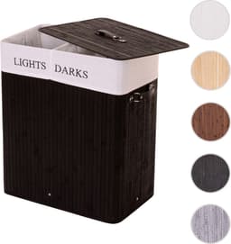 Wasmand MCW-C21, Wasbox Wasbox, bamboe 2 compartimenten 63x55x34cm 100l ~ zwart — thumbnail 2