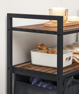 Furnstar Wasmand 92L – 2 Compartimenten – Met 2 Planken – Uitschuifbare Waszakken – Stevig Metalen Frame – Vintage Bruin/Zwart — thumbnail 4