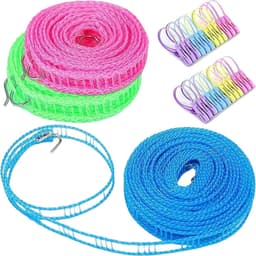 3 stuks waslijn 8 m antislip en winddicht nylon waslijn draagbare waslijn met 2 stuks roestvrijstalen haken hek-achtige touw waslijn voor opknoping kleding buiten (3 kleuren) (rood) — thumbnail 1
