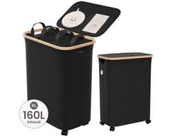 Wasmand 3 Vakken - Wassorteerder met Deksel - Wasbox op Wielen - 160L