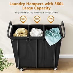 360 L Wasmand Op Wieltjes, Wasmand Met 3 Compartimenten, Zwart — thumbnail 5