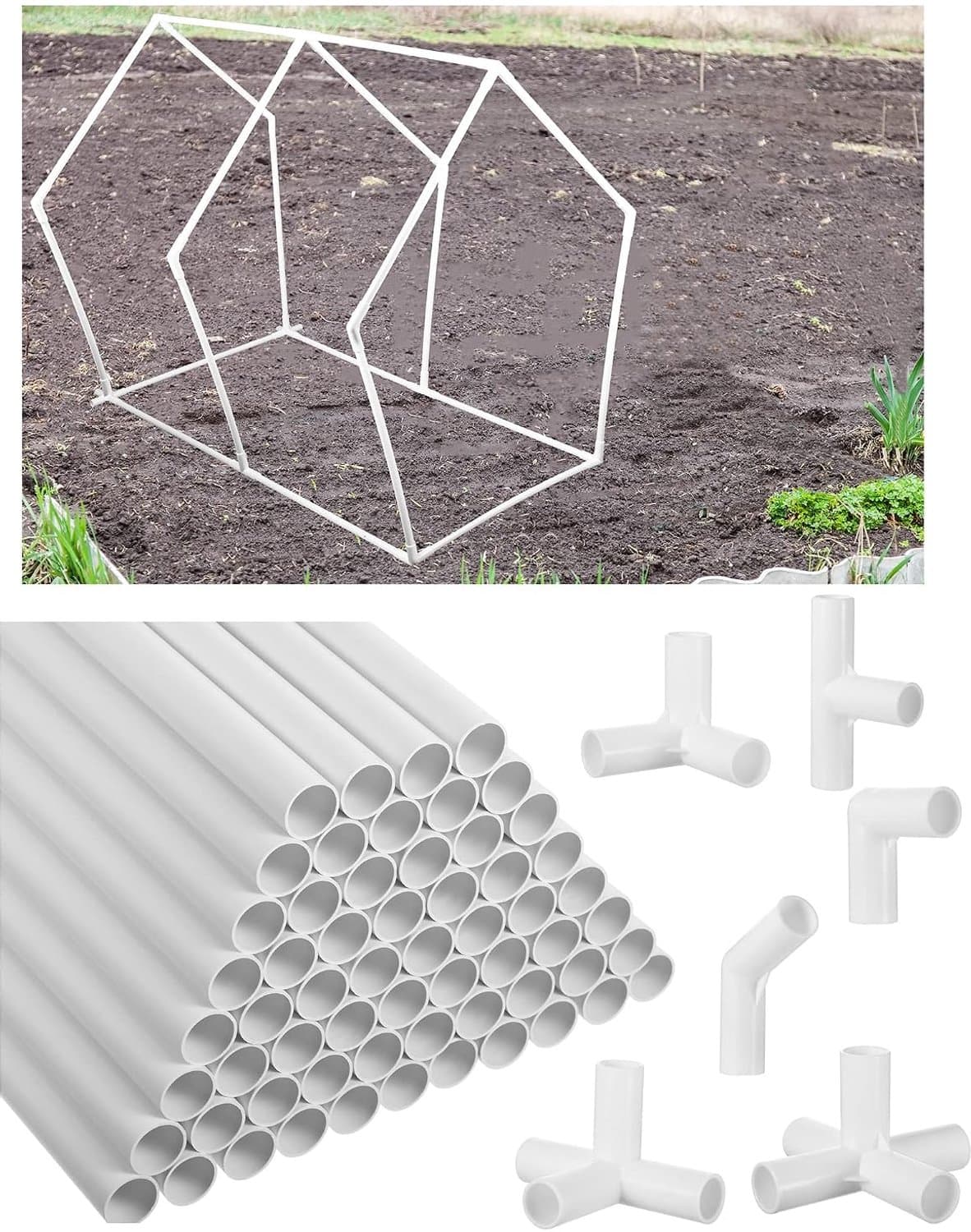 Sawysine 102 stuks doe-het-zelf PVC-projectenset inbegrepen 60 stuks 60 stuks 61 cm PVC-buis en 42 aansluitpijpfittingen voor lente, huis, kas, tuin, boerderij, werkplaats, zomer (wit, 7,9 cm) — afbeelding 1