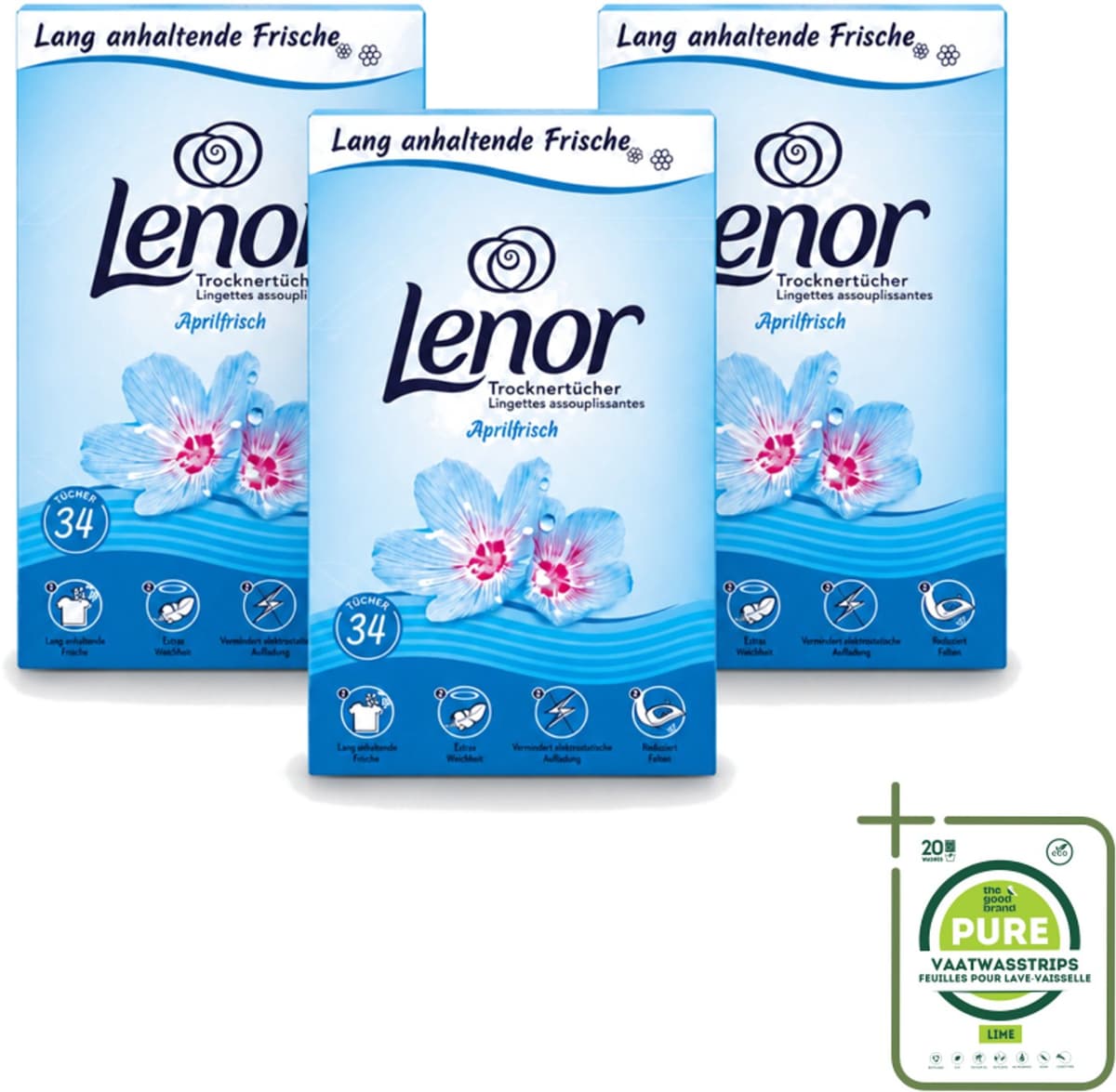 3 x Lenor - Droogtrommeldoekjes - Aprilfris - Textielverfrisser - 34 Doekjes - Grootverpakking - Vaatwasstrips - Droogtrommeldoekjes - Frisheid - Wasdoekjes - Statische Elektriciteit - Wasgoed — afbeelding 1