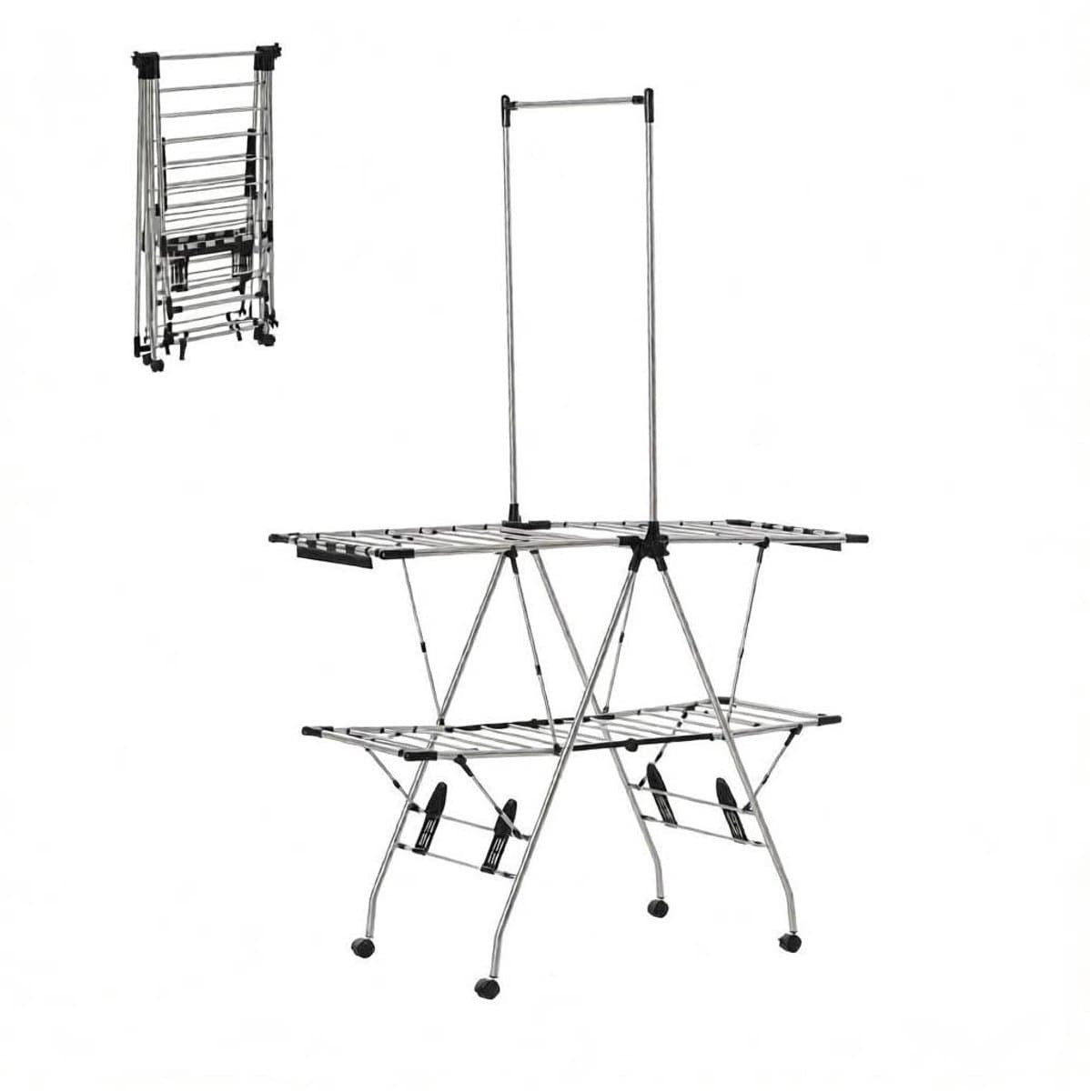REDOM - Droogtoren - Inklapbaar ontwerp - 4 multidirectionele wielen met 2 remmen - Kantelbare droogrekken - Roestvrij staal en PP - Zwart en zilver - 138,5 x 63 x 208 cm — afbeelding 1