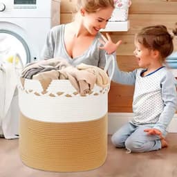 Wasmand en opslag van natuurlijk katoenen touw, handgevlochten, opvouwbaar met handgrepen, mand voor speelgoed, baby, vuile was, dekens, kussens (wit/camel) — thumbnail 4