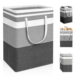 75L, katoen en linnen wasmanden met handgrepen voor slaapkamers, badkamers, woonkamers, opvouwbare wasmand voor huishoudelijke artikelen, kleding, speelgoed, zwartgrijze strepen, waterdichte — thumbnail 1