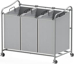 Houseware Heavy-Duty 3-Bag Wasserij Sorteerder Winkelwagen, Zilver | Verwijderbare Zakken en Afsluitbare Wielen voor Wasruimte Organisatie — thumbnail 1