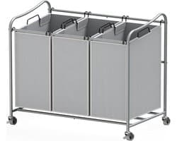 Houseware Heavy-Duty 3-Bag Wasserij Sorteerder Winkelwagen, Zilver | Verwijderbare Zakken en Afsluitbare Wielen voor Wasruimte Organisatie