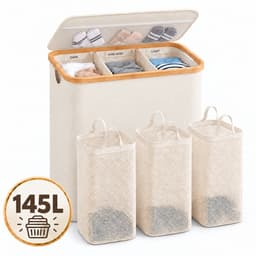 YYchan Wasmand 3 Vakken-Wasmand Met Deksel-Wassorteerder Bamboe-Oxford-Stof-Laundry Basket-Classificatielabel-Beige-145L — thumbnail 1