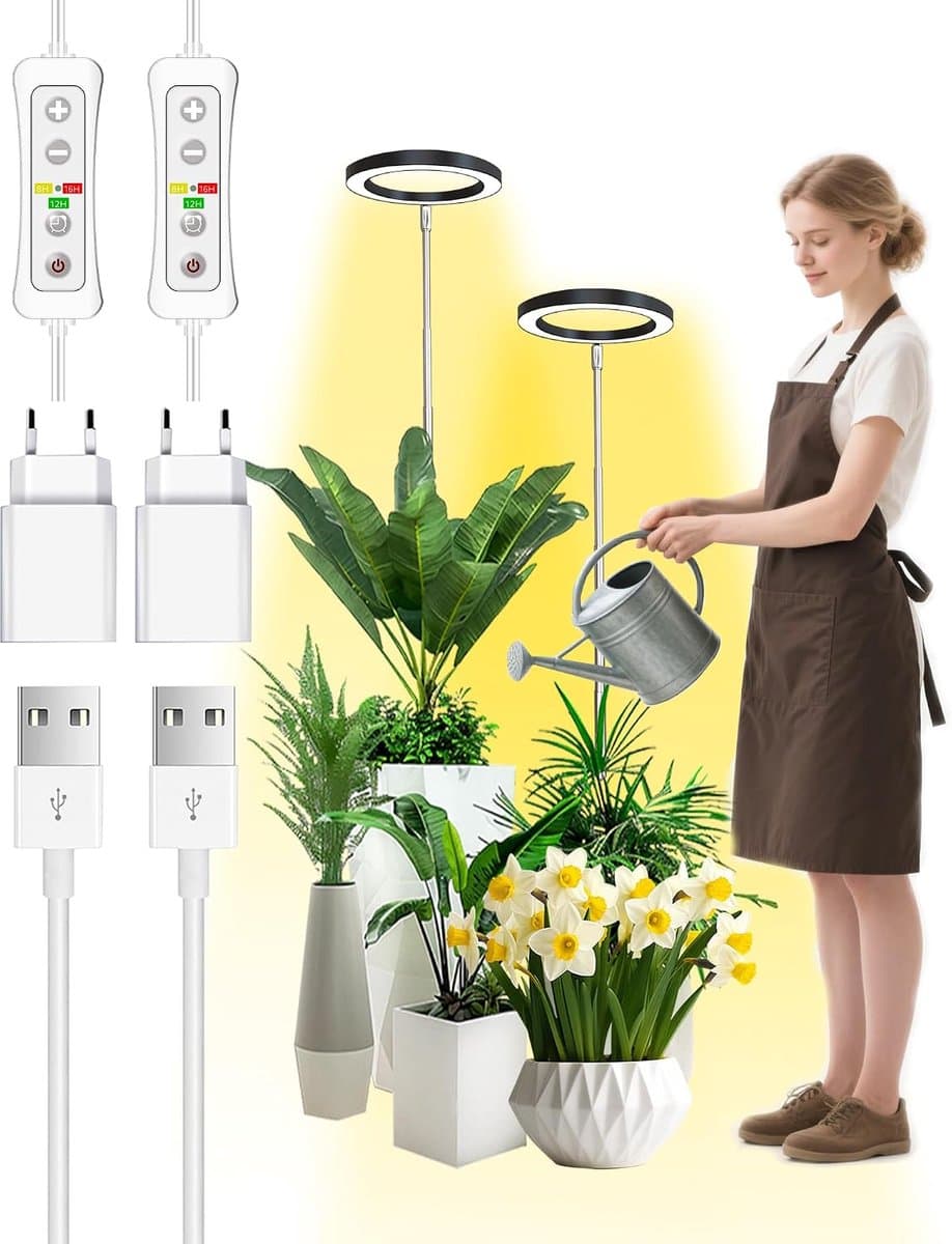 Groeilamp voor kamerplanten, led-groeilamp, volledig spectrum, in hoogte verstelbaar, automatische timer, lage veiligheidsspanning 5 V, ideaal voor grote lichtplanten, zwart, 2 stuks — afbeelding 1