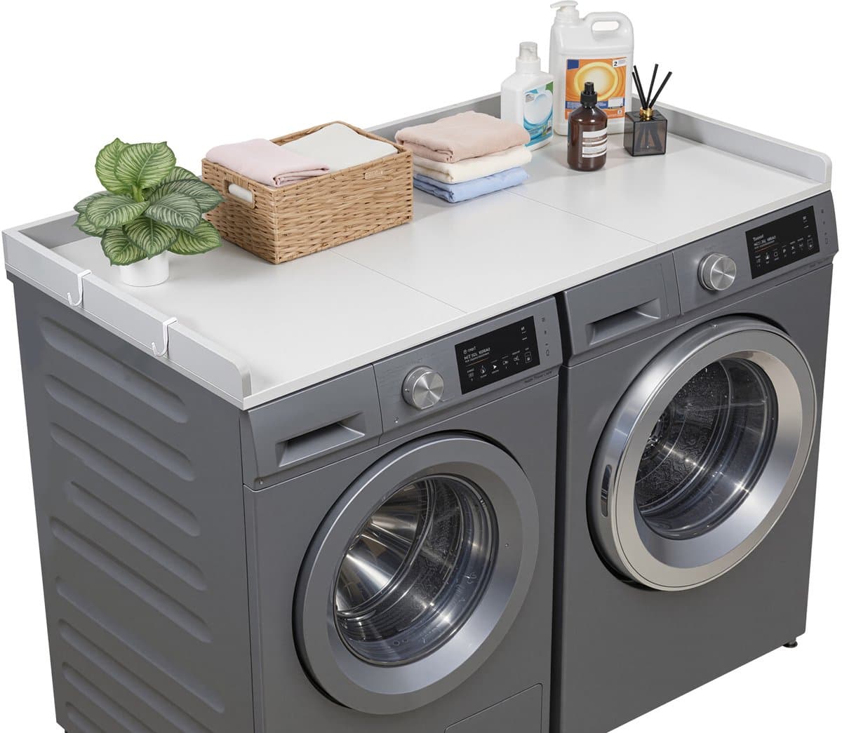 VEVOR Werkblad voor Wasmachine en Droger (137 X 69,9 cm) met Opstaande Rand en Haken, voor Organisatie en Opbergruimte in Linnenkast, Voorraadkast of Keukenblad, Draagvermogen tot 113 Kg, Grijs — afbeelding 1