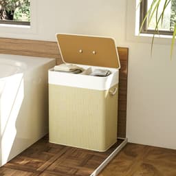 Wolcky - Dubbele Wasmand 100 Liter met 2 Vakken – Bamboe Wasmand met Deksel – Uitneembare Waszakken – Touwhandvatten – Crème — thumbnail 5