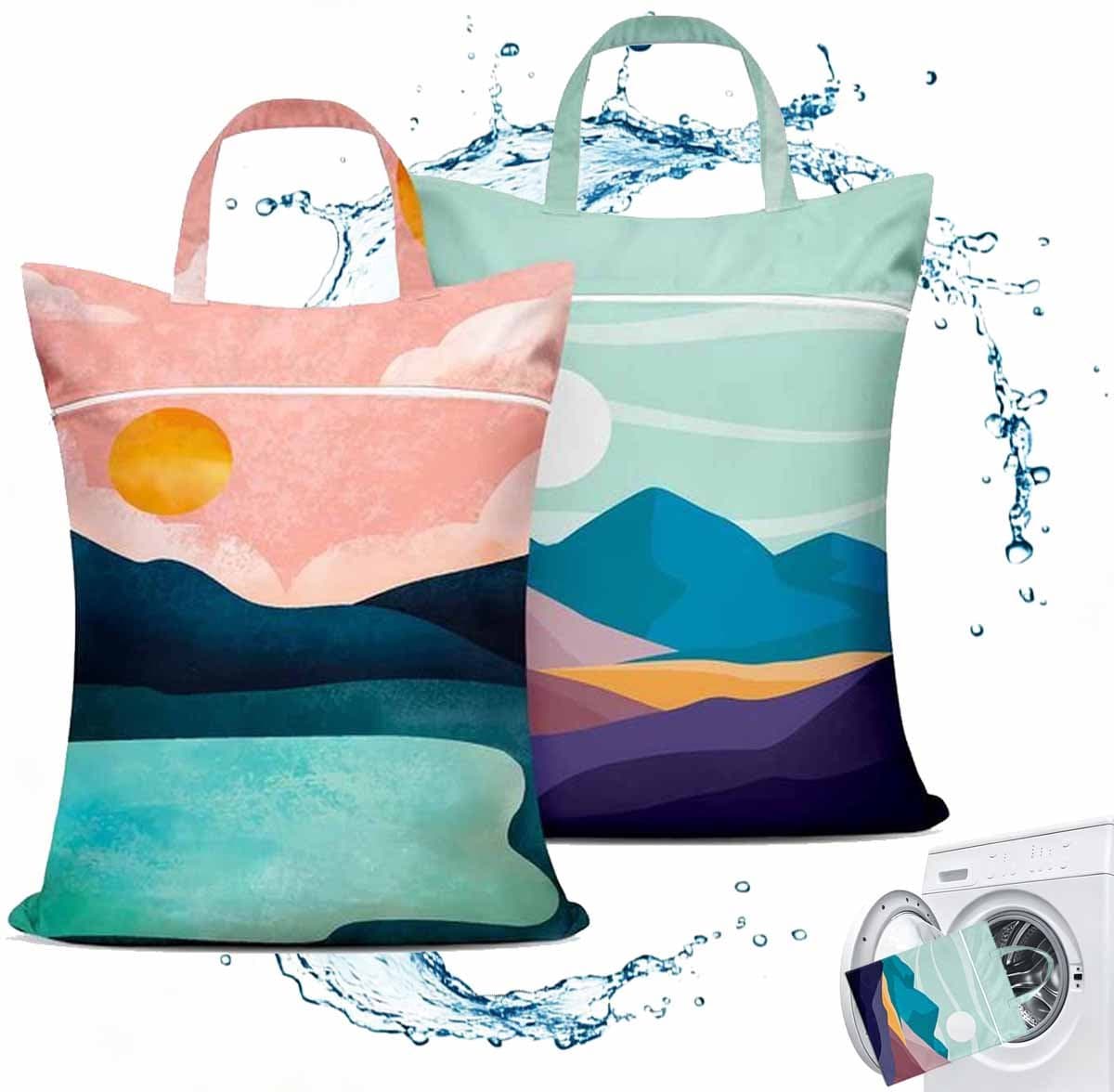 Waszak Voor Kleding - Wasmachine - Reiswaszak - Herbruikbare Kledingwaszakken - Met Handvat, Waterdicht - Opvouwbaar En Ruimtebesparend - Ontwerp Met Gescheiden Vakken Voor Natte En Droge Kleding - Blauw En Roze - 2 Stuks — afbeelding 1