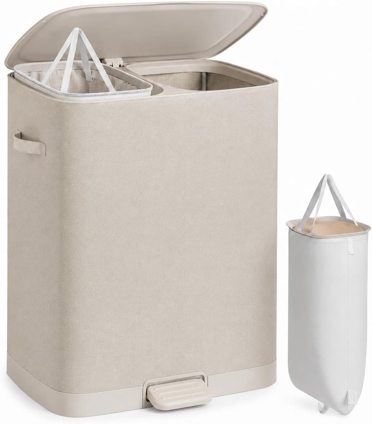 SONGMICS LCB832L101 Wasmand 160 L, Wasmand, 2 compartimenten, Wasgoedsorteerder met deksel, Handvatten, Uitneembare binnentas, Eenvoudige montage, Wasruimte, Pedaal, 56 x 47 x 75 cm, Cappuccino Beige — afbeelding 1