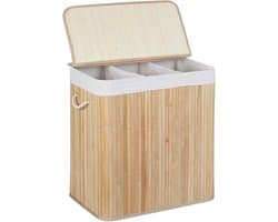 wassorteerder met 3 vakken, wasmand met deksel, rechthoekig, HBD: 62 x 62,5 x 42,5 cm, bamboe, natuur/wit