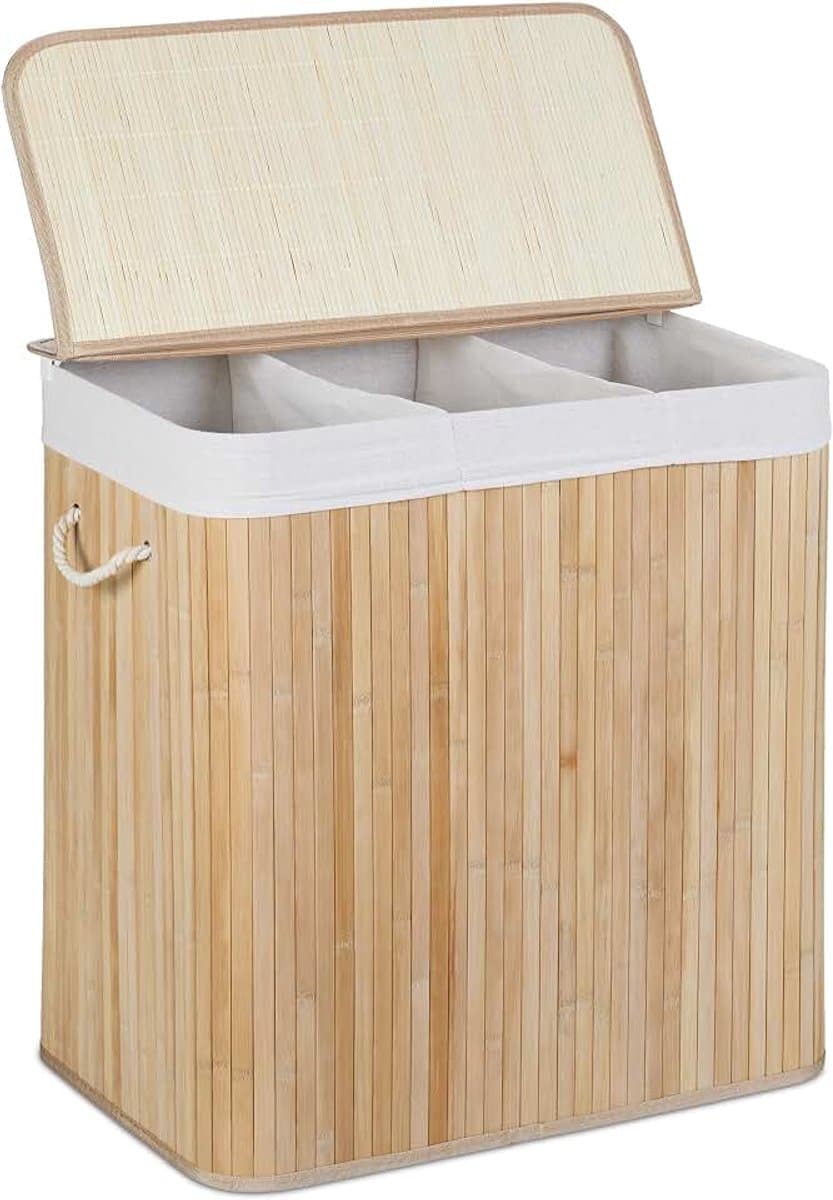 wassorteerder met 3 vakken, wasmand met deksel, rechthoekig, HBD: 62 x 62,5 x 42,5 cm, bamboe, natuur/wit — afbeelding 1