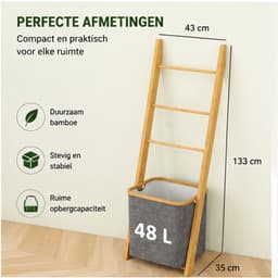 Noventra handdoekhouder met wasmand-handoekrek-badkamer accessoires-inclusief wasmand-43 x 35 x 133 cm-bamboehout- — thumbnail 4