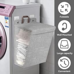 Wasmand (1 stuk) - Opvouwbare wasmand - Wasmand voor vuile was - Hangende wasmand - Opvouwbare wasmand voor huishoudelijk gebruik - Wandgemonteerde badkamerwasmand - Handvat - Ingebouwde waterdichte coating - Grijs - 58*41*15cm — thumbnail 4