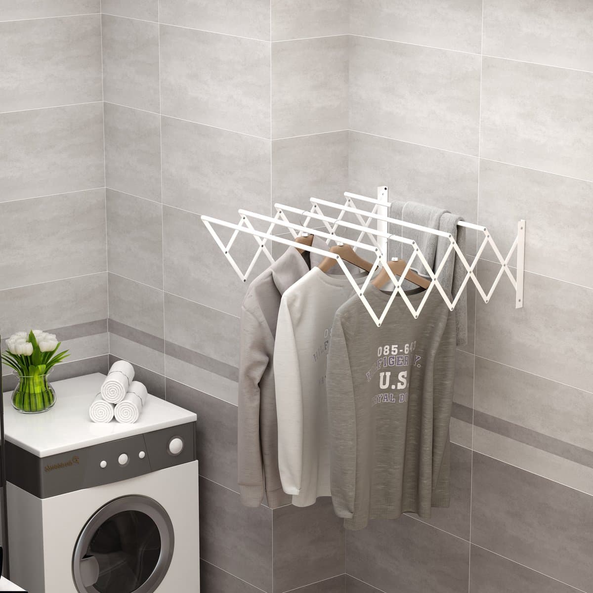 MIVRAY Droogrek – Uitschuifbaar Wanddroogrek 63,5 x 60 x 20 cm – Metaal – Wit – Inklapbaar voor Binnen en Buiten – Muurmontage — afbeelding 1