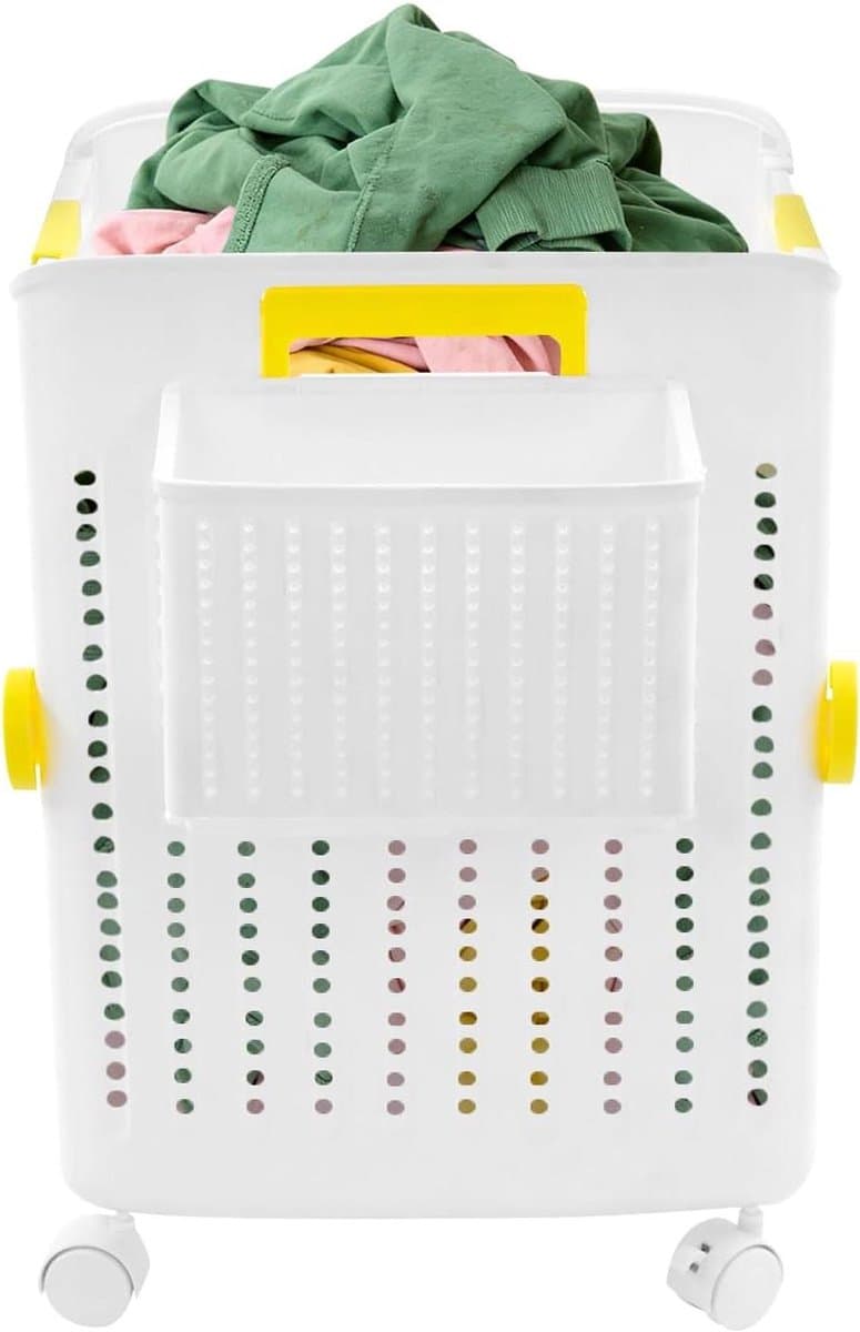 Wasmand met Wielen - Opvouwbare Wasbak - Sorteer Kleding - Afneembare Opbergdoos - 47.5 cm Hoog - Wit — afbeelding 1