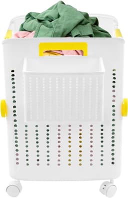 Wasmand met Wielen - Opvouwbare Wasbak - Sorteer Kleding - Afneembare Opbergdoos - 47.5 cm Hoog - Wit — thumbnail 1