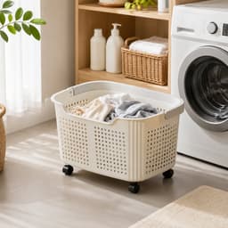 Wasmand - Wasmand met wielen - Wasbox - Wasmand badkamer -Opbergmand - Wassorteerder - Kunststof Wasbox - Wasmand voor Badkamer, Slaapkamer, Wasruimte - 36 x 26 x 19,5 cm - Crèmewit — thumbnail 3