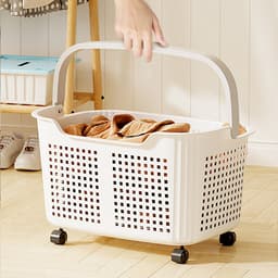 Wasmand - Wasmand met wielen - Wasbox - Wasmand badkamer -Opbergmand - Wassorteerder - Kunststof Wasbox - Wasmand voor Badkamer, Slaapkamer, Wasruimte - 36 x 26 x 19,5 cm - Crèmewit — thumbnail 2