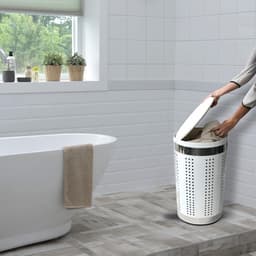 Wasmand wasmand wasverzamelaar wasmand met zitkussen rond, 60,5 cm hoogte metaal wit — thumbnail 3