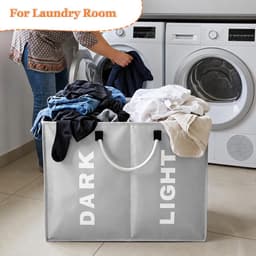 opvouwbaar, 2 vakken, 60 l, opbergtas met handvat, wasmand van Oxford, 600D, waterdicht, kleding voor slaapkamer, hotel, slaapzaal, 53 x 23 x 53 cm, grijs — thumbnail 5