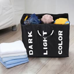 Opvouwbare wasmand met 3 vakken – Duurzame Oxford-stof – Handgrepen van metaallegering – Multifunctionele, draagbare sorteerzak voor de was (Zwart) — thumbnail 3